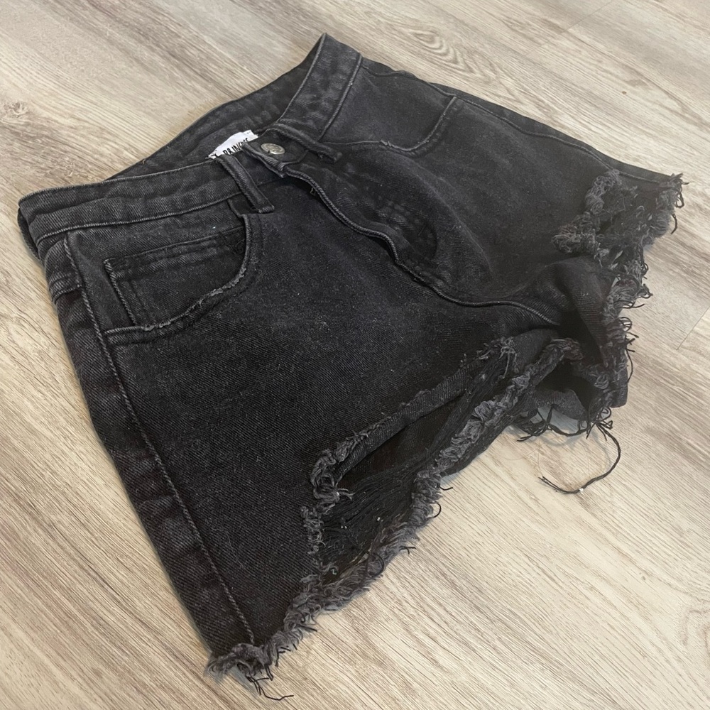 Princess Polly Black Denim Frayed Hem Shorts